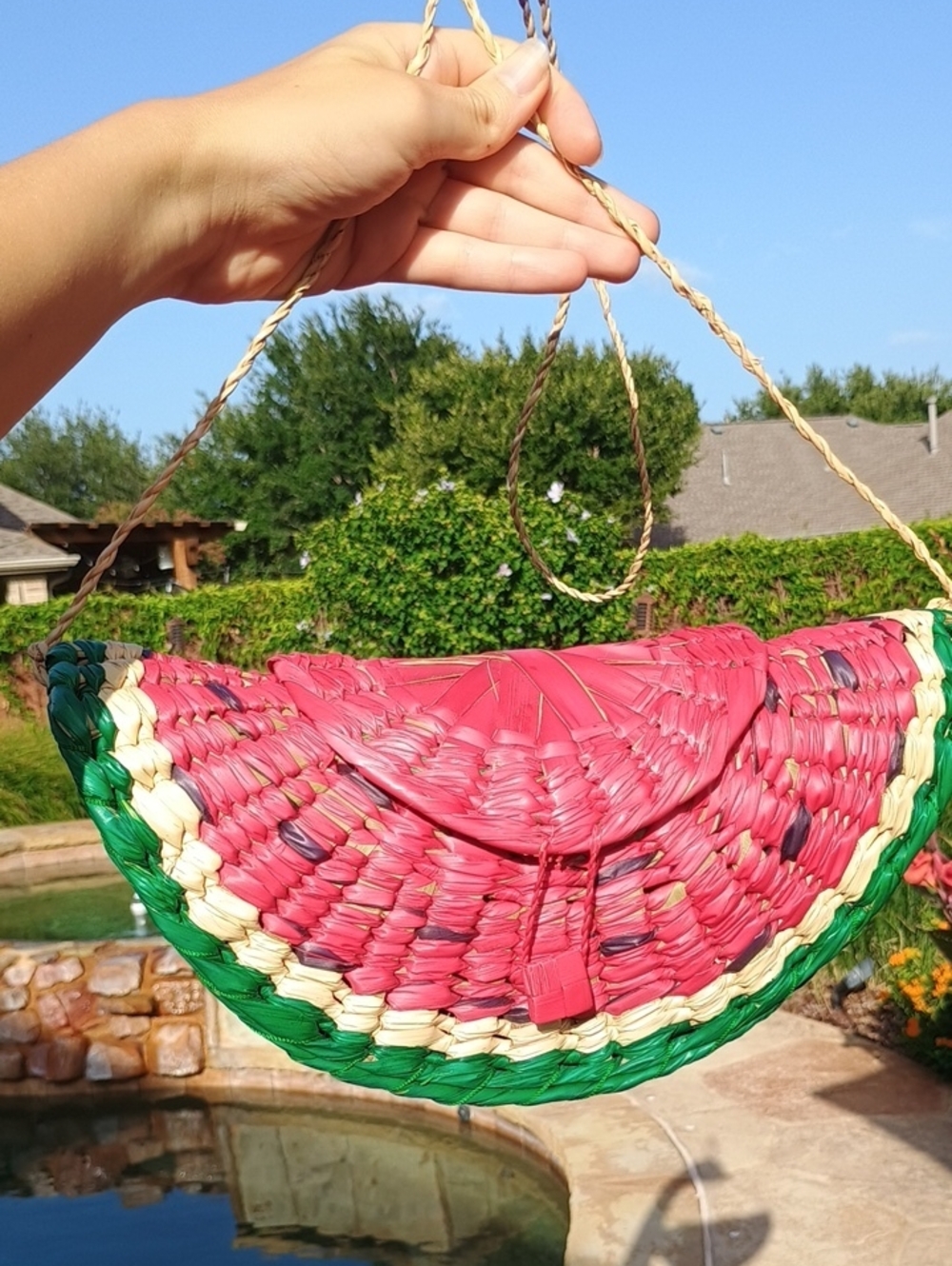 Watermelon Handwoven Pink Straw Half-Moon Crossbody Bag